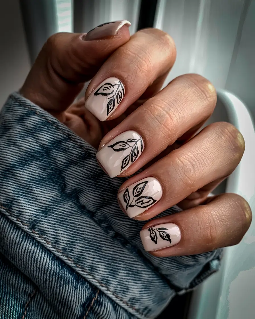fall acrylic nails short Minimalist Botanical Motifs
