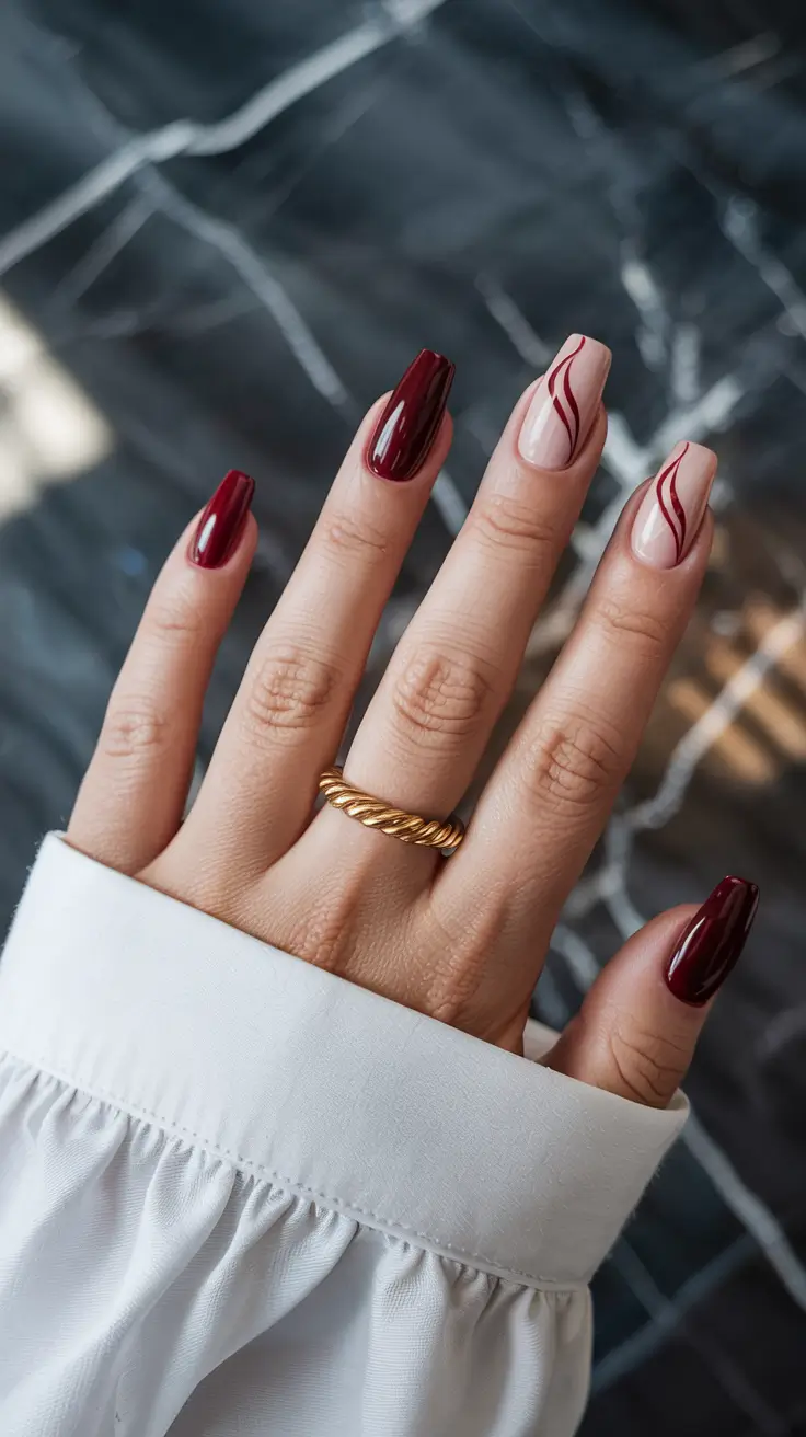 fall acrylic nails coffin Burgundy with Modern Lines