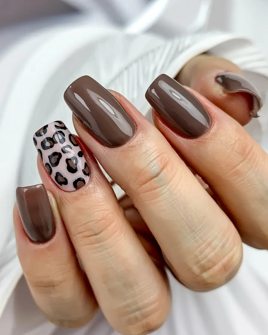 fall acrylic nails square Mocha Brown with Leopard Accent