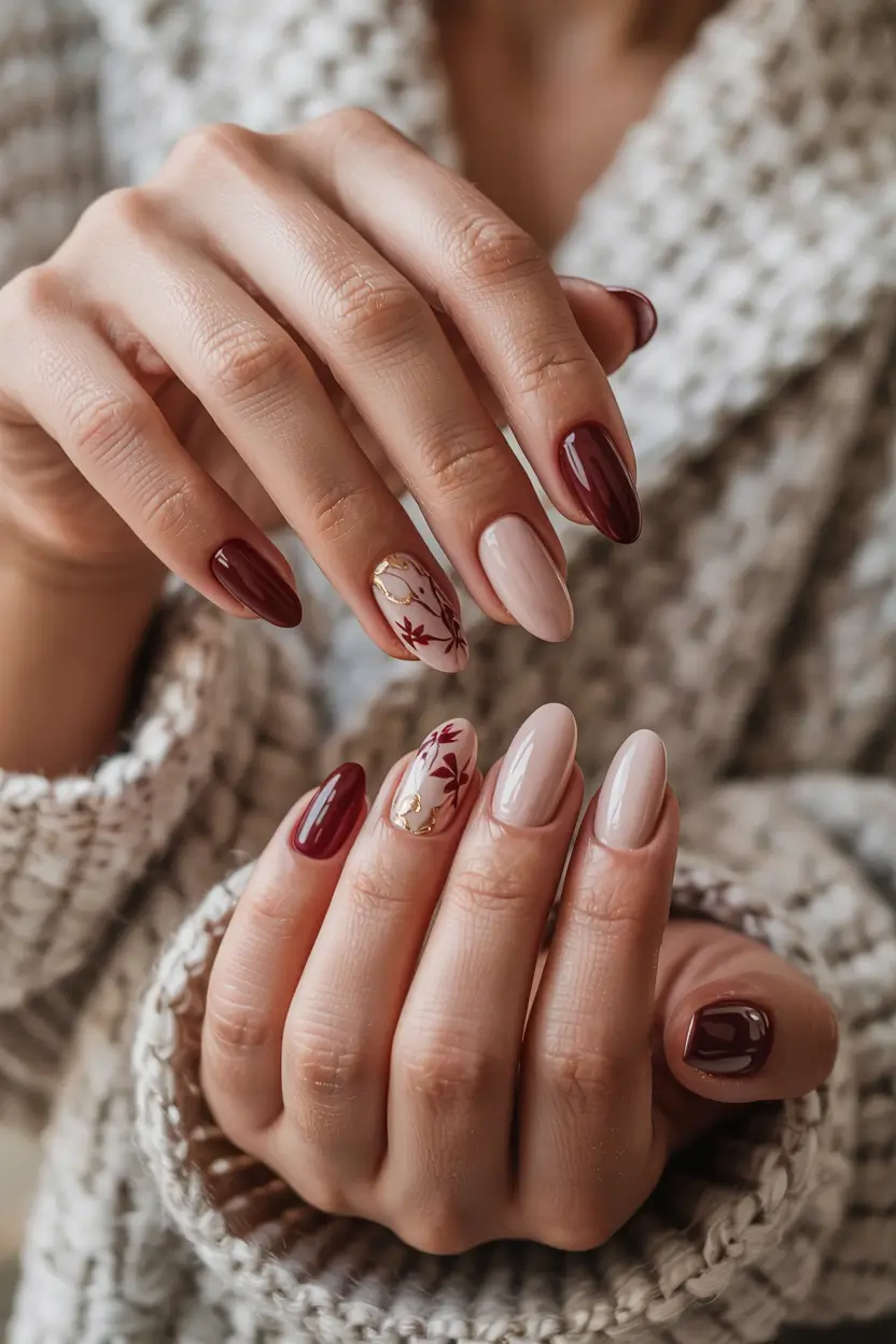 fall acrylic nails almond Autumn Leaves with Burgundy Accents