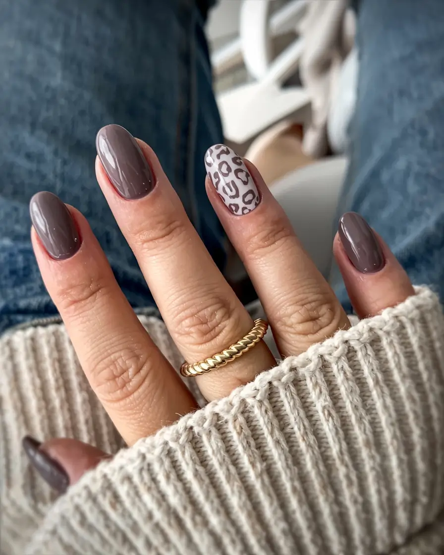 fall acrylic nails short Muted Taupe with Leopard Accent