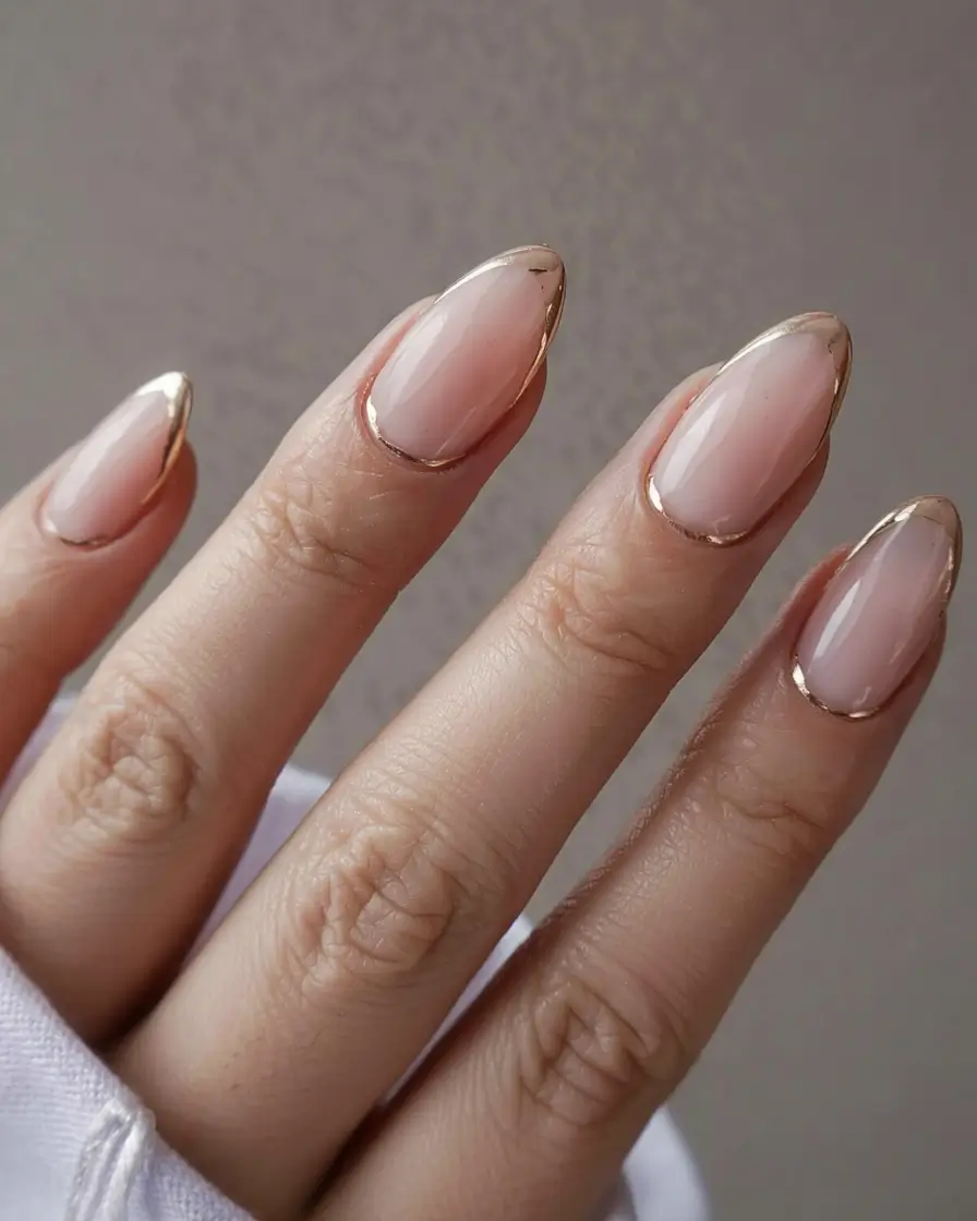 fall acrylic nails french tip Sheer Nude with Gold Edges