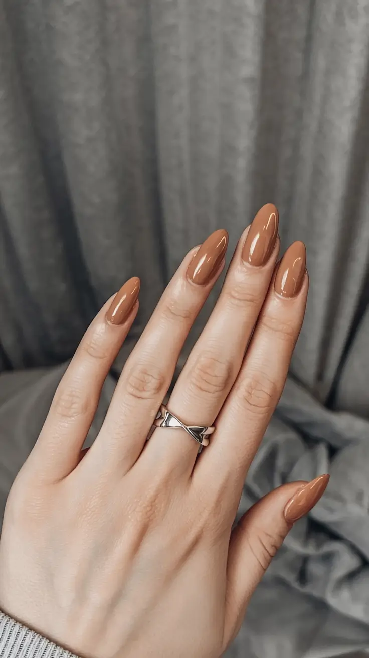 fall acrylic nails almond shape Warm Caramel Almond Elegance
