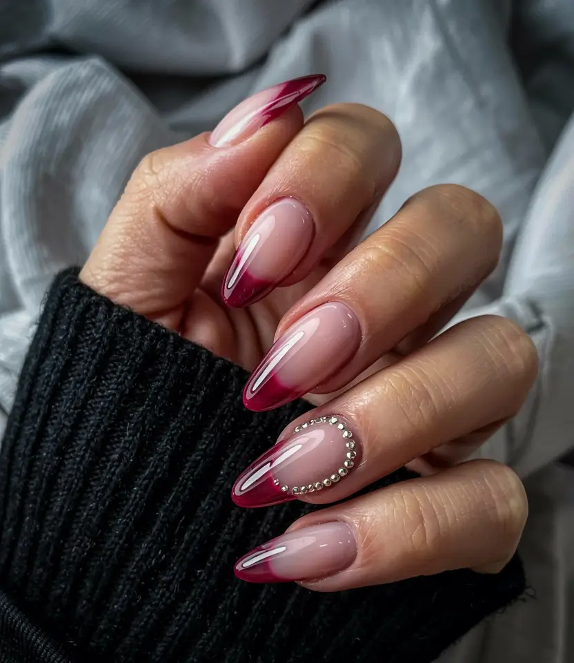 fall acrylic nails french tip Wine-Tipped Almond with Rhinestone Detail