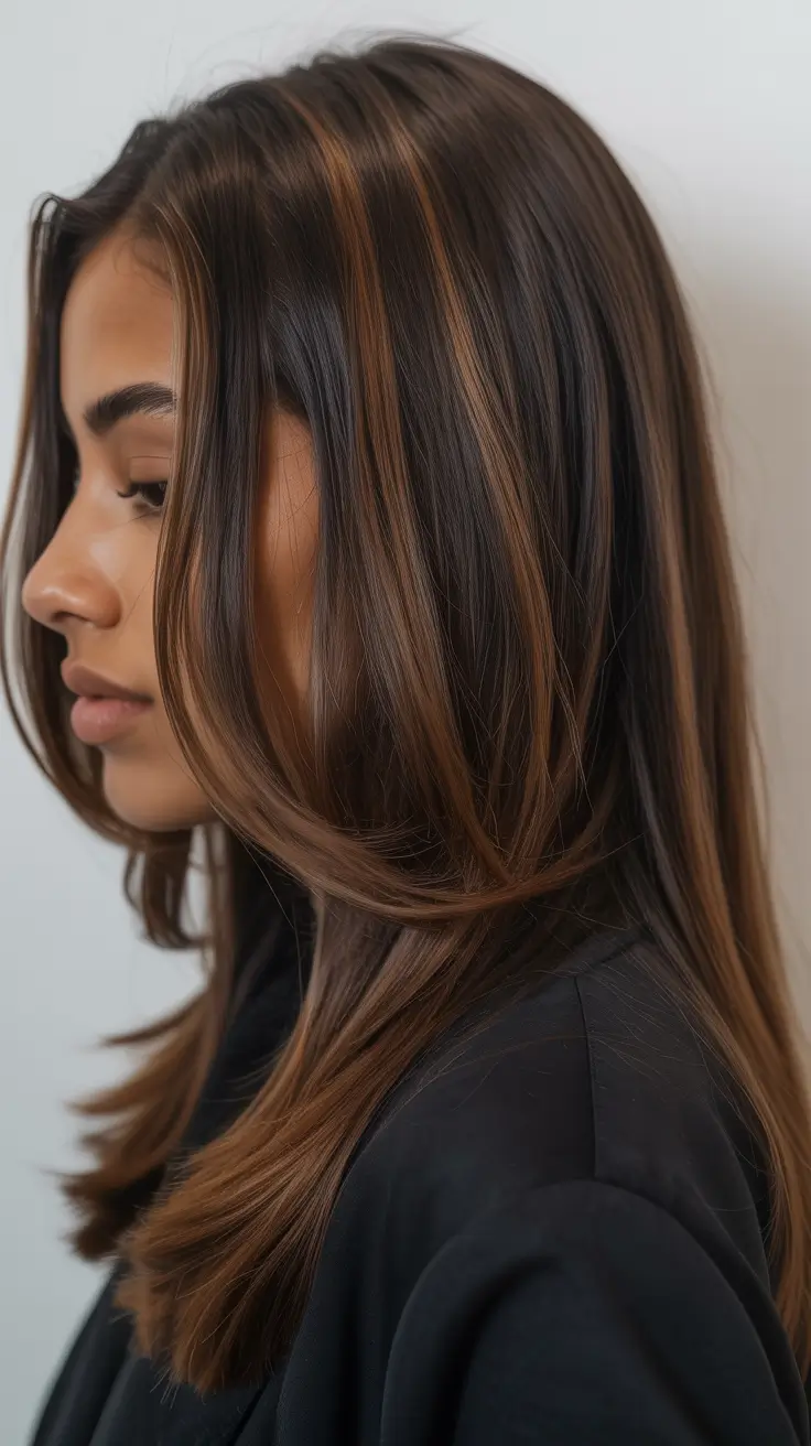 Dark Skin Hair Colors Winter 2025-2026 Chestnut Ribbon Highlights