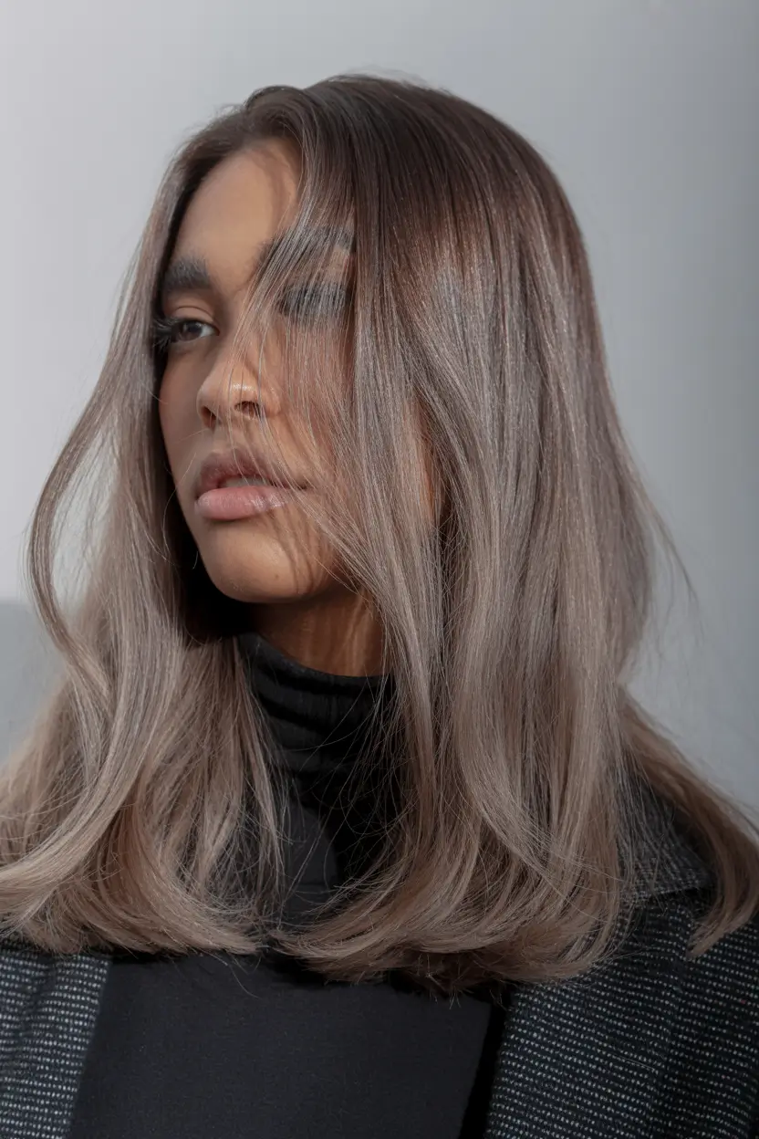 Dark Skin Hair Colors Winter 2025-2026 Smoky Taupe Mid-Length