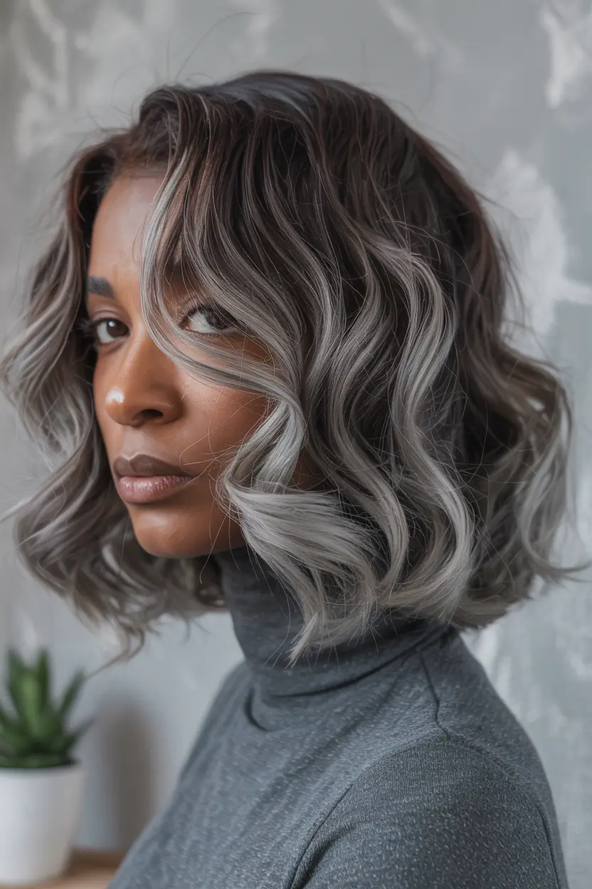 dark skin hair colors winter 2025-2026 Smoky Silver Waves