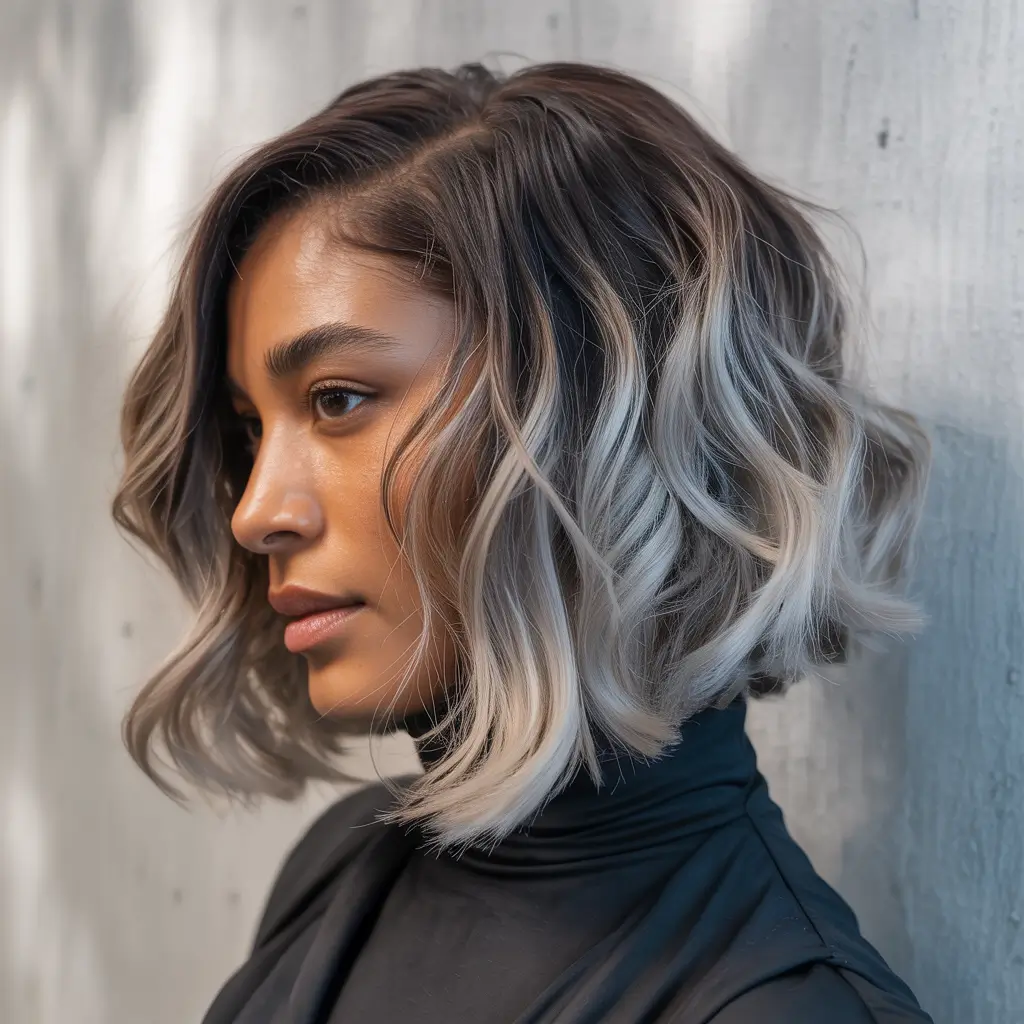 dark skin hair colors winter 2025-2026 Frosted Blonde Bob