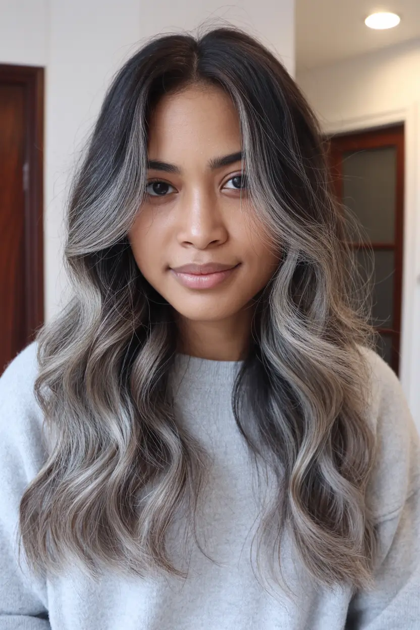dark skin hair colors winter 2025-2026 Soft Silver Highlights