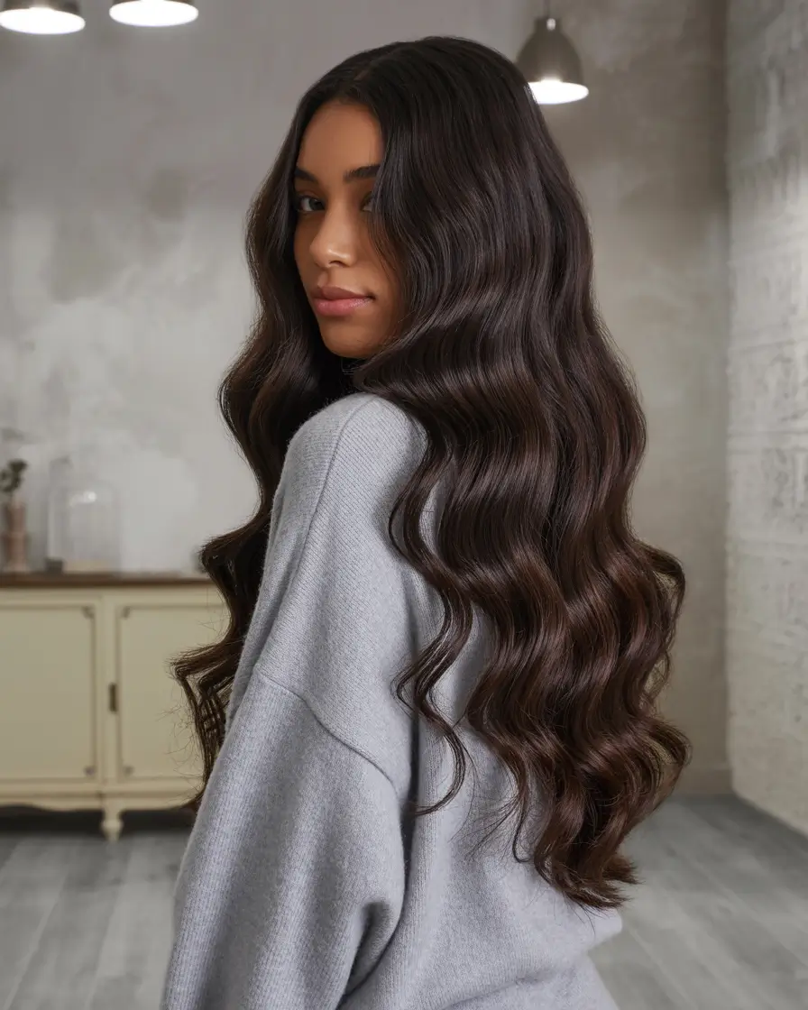 Dark Skin Hair Colors Winter 2025-2026 Glossy Dark Chocolate Waves