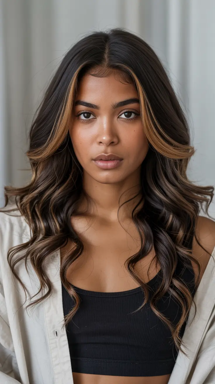 Dark Skin Hair Colors Winter 2025-2026 Golden Face-Framing Highlights