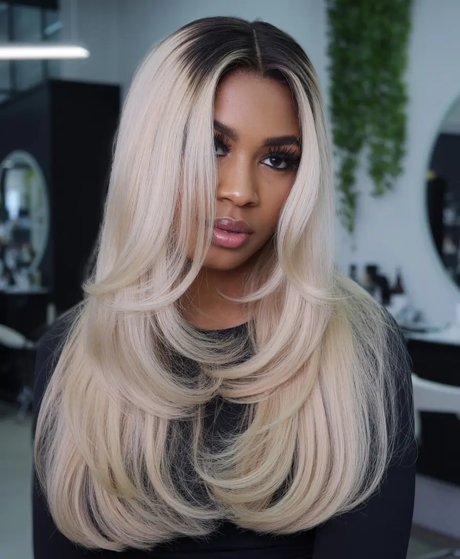 Dark Skin Hair Colors Winter 2025-2026 Bold Platinum Layers