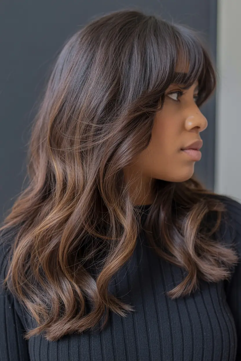 Dark Skin Hair Colors Winter 2025-2026 Soft Mocha With Bangs