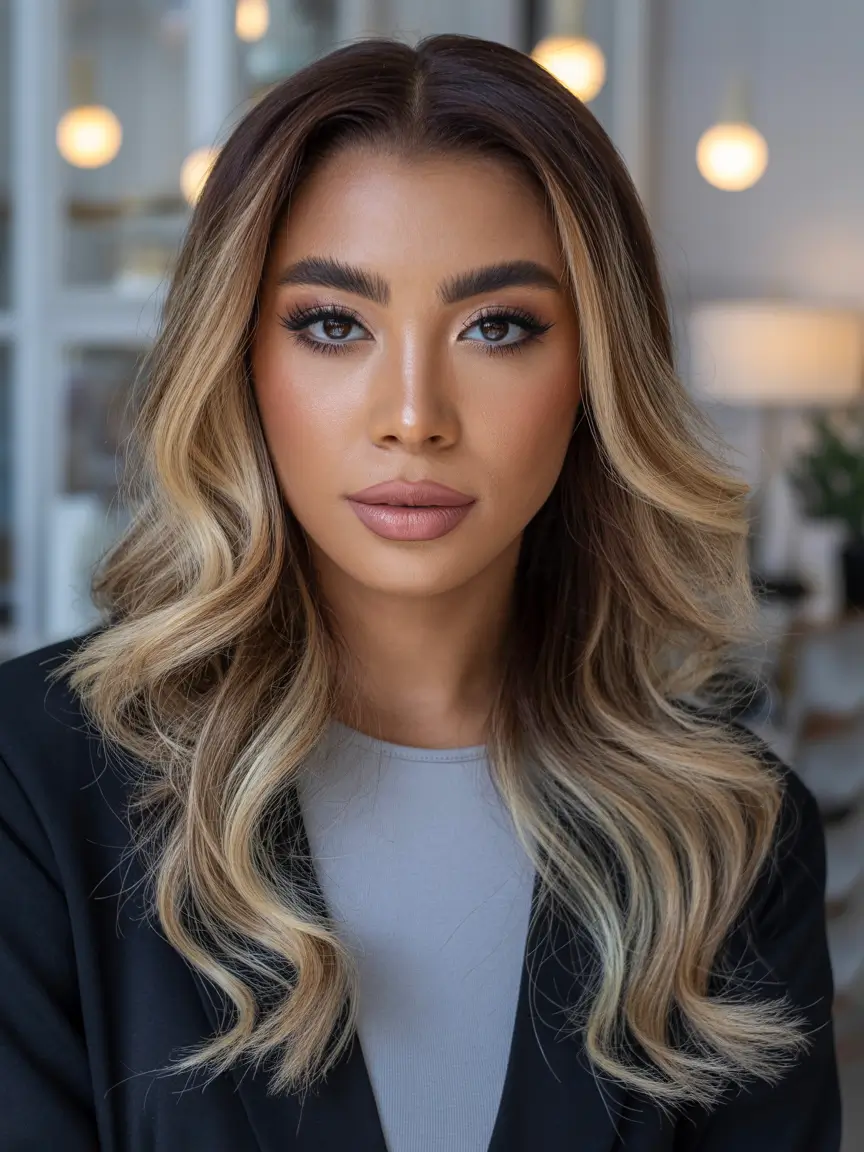 Dark Skin Hair Colors Winter 2025-2026 Balayage Blonde Waves
