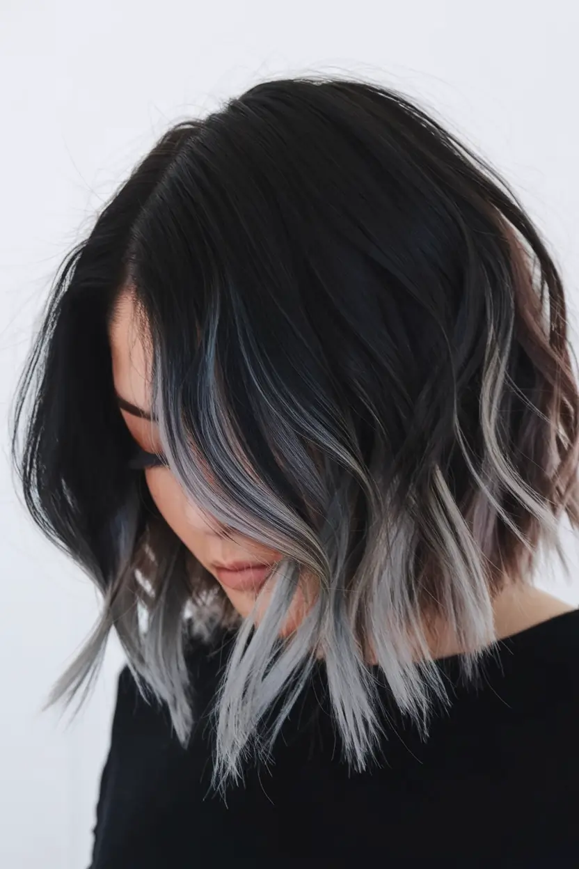 dark winter hair color 2025-2026 Textured Black Bob with Ash Ends