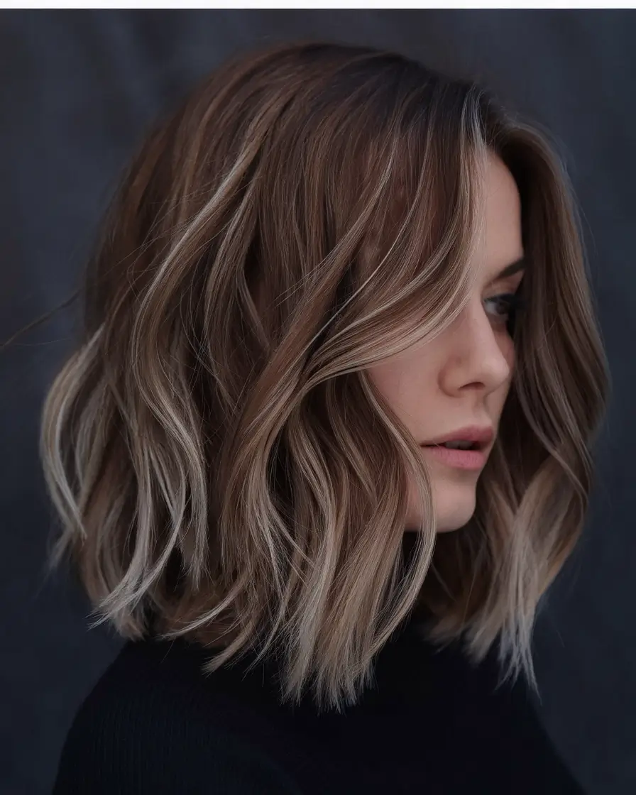 dark winter hair color 2025-2026 Soft Brunette Lob with Blonde Highlights