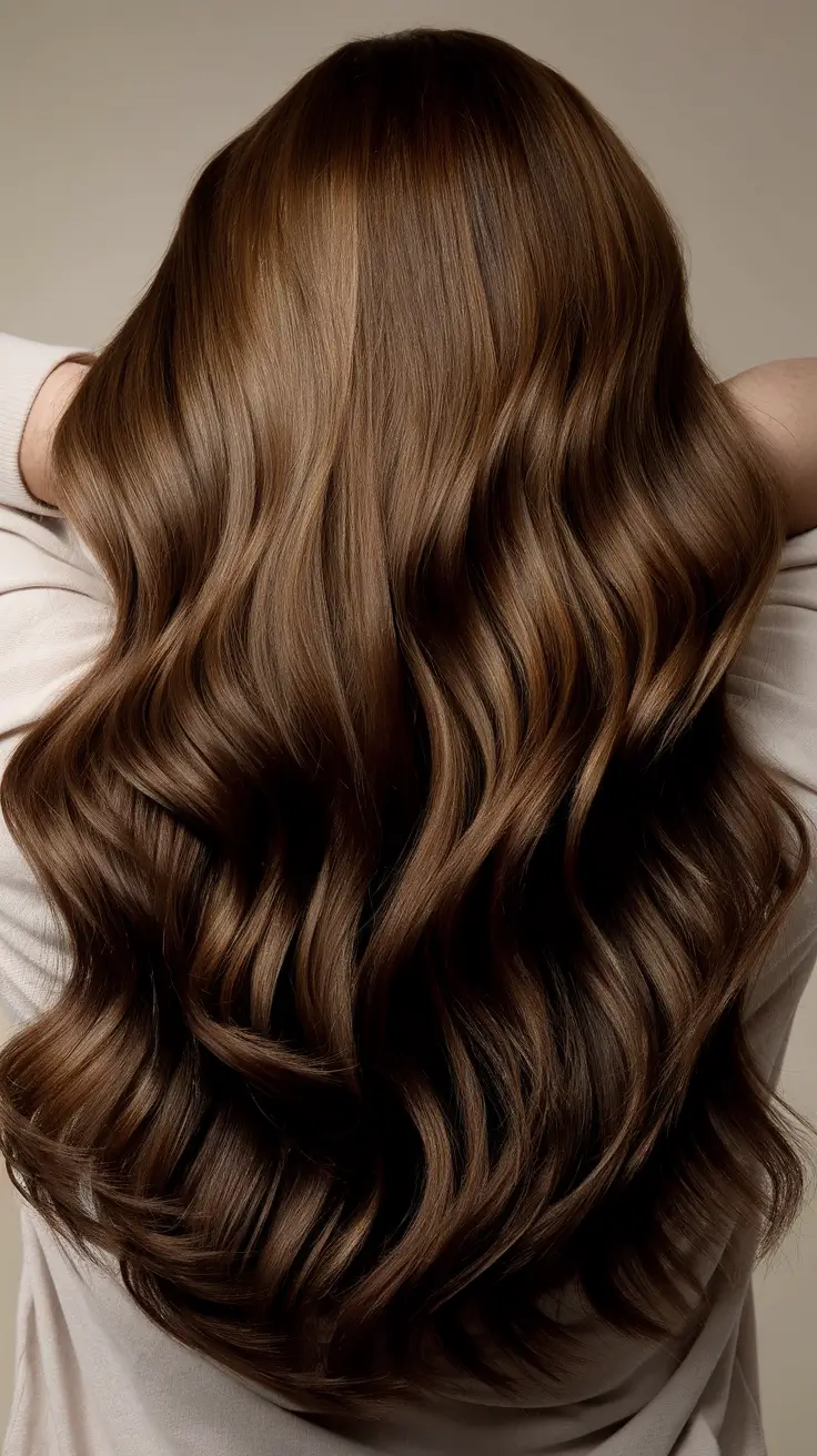 dark winter hair color 2025-2026 Glossy Chocolate Brown Waves