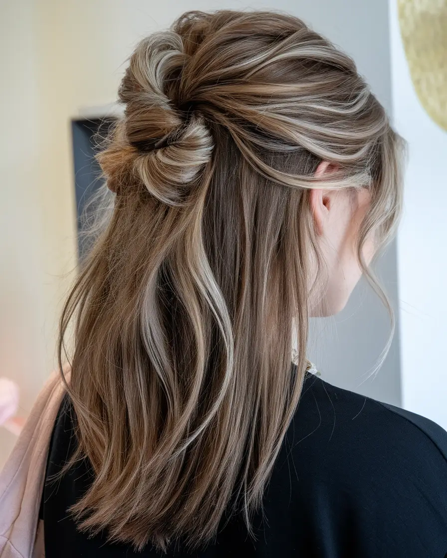 dark winter hair color 2025-2026 Half-Up with Playful Balayage