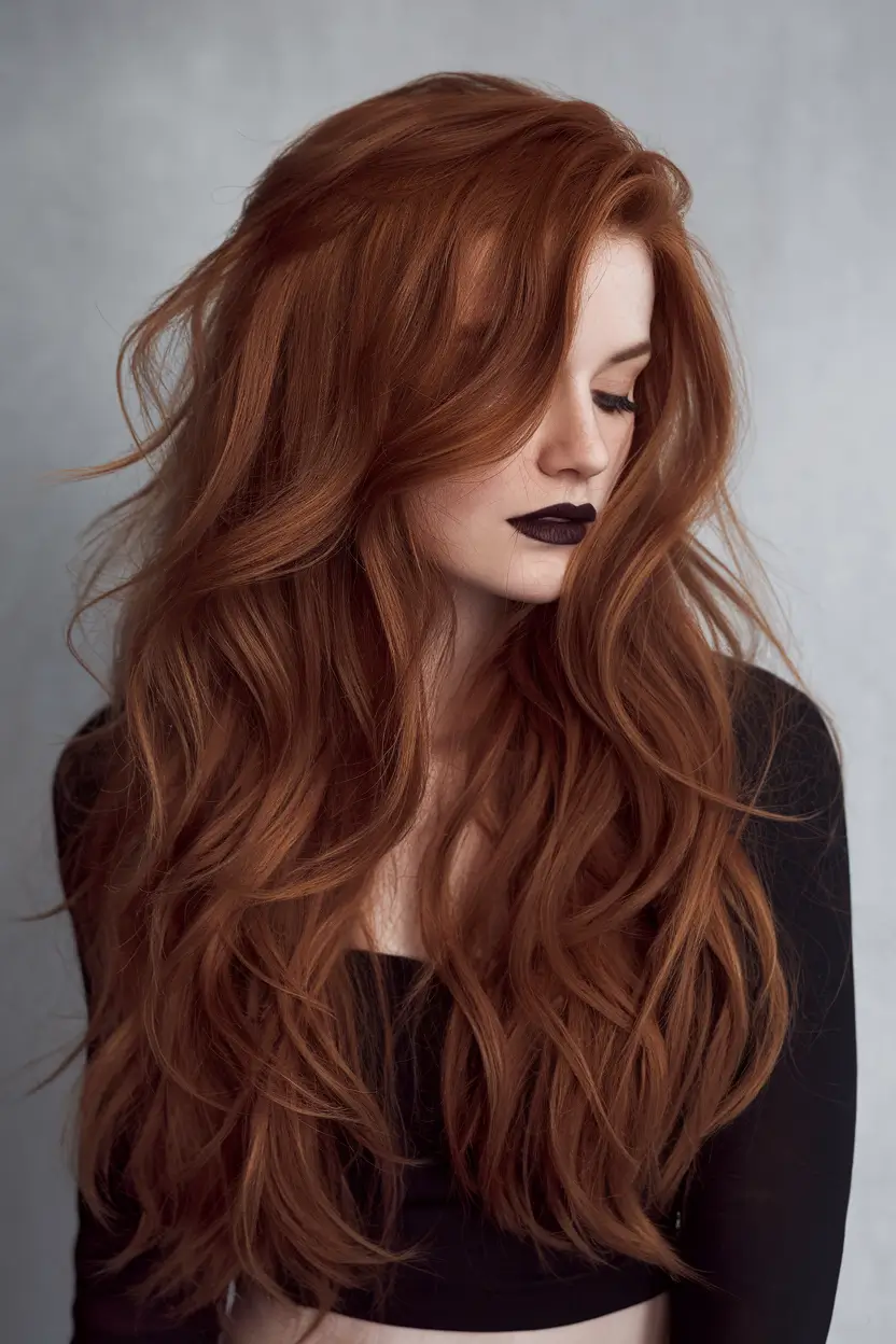 dark winter hair color 2025-2026 Romantic Auburn with Volume