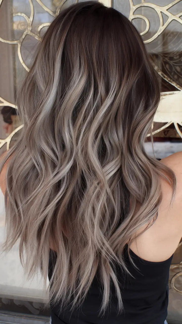 dark winter hair color 2025-2026 Ashy Balayage with Smoky Dimension