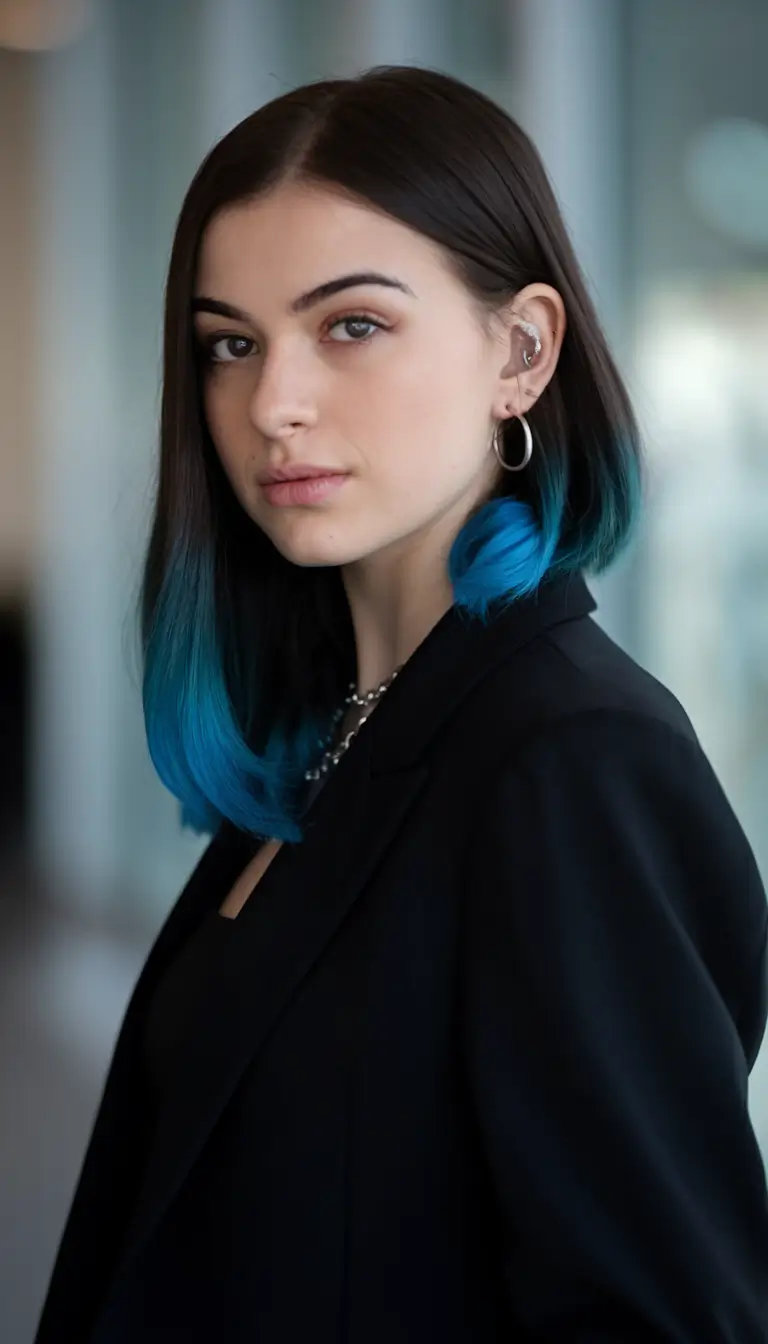 dark winter hair color 2025-2026 Midnight Black with Electric Blue Ends