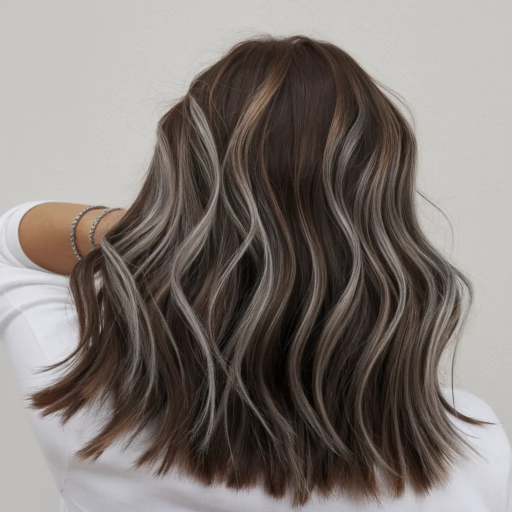 dark winter hair color 2025-2026 Smoky Brunette with Silver Ribbons