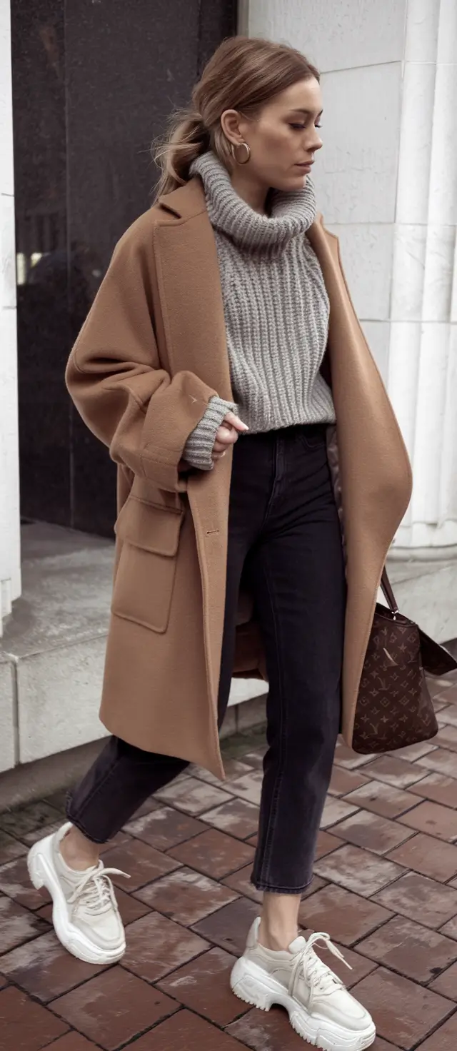 early winter outfits 2025 Cozy Knits with Camel Coats