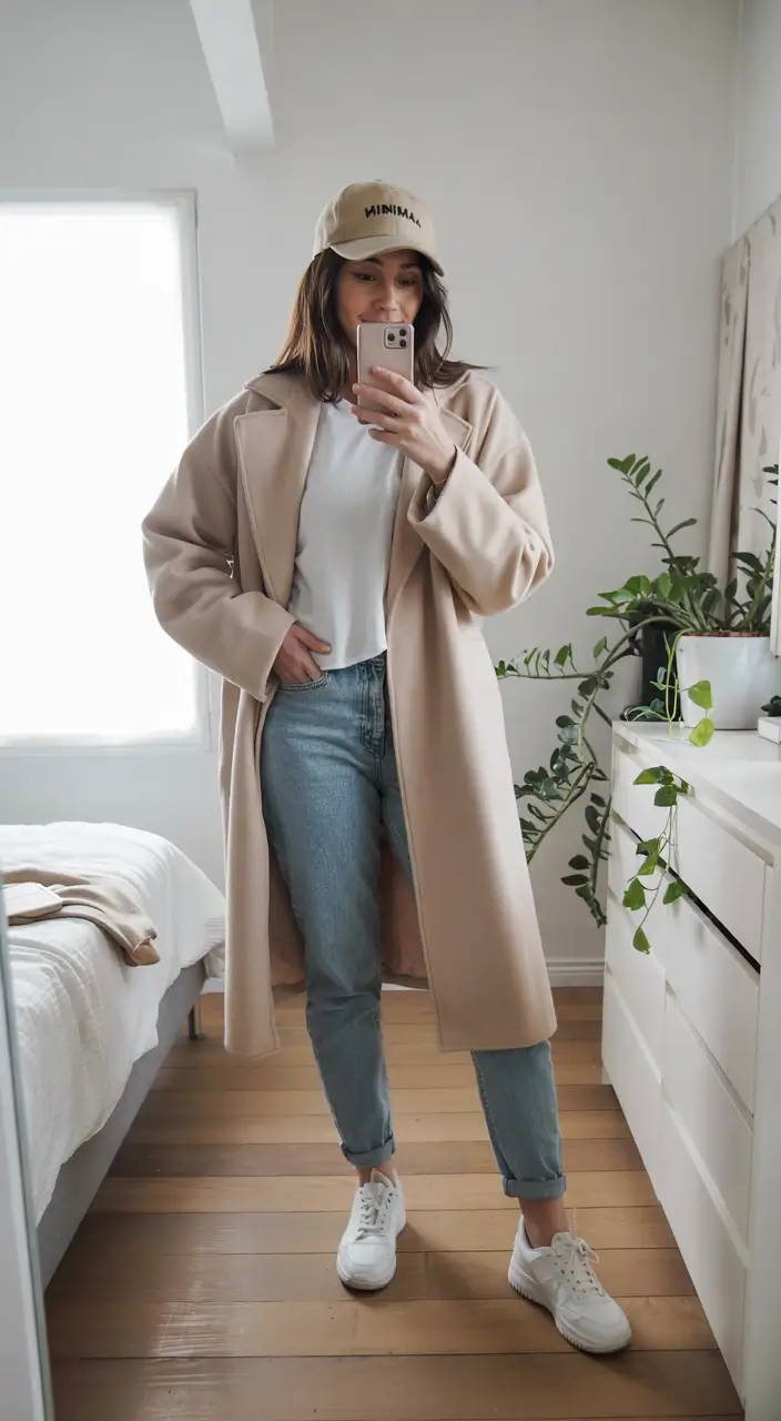 early winter outfits casual Laid-Back Denim and Coat Combo