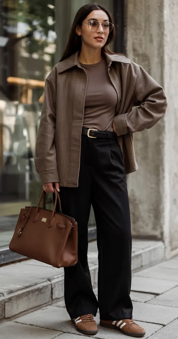 early winter outfits work Monochrome Brown with Wide-Leg Trousers
