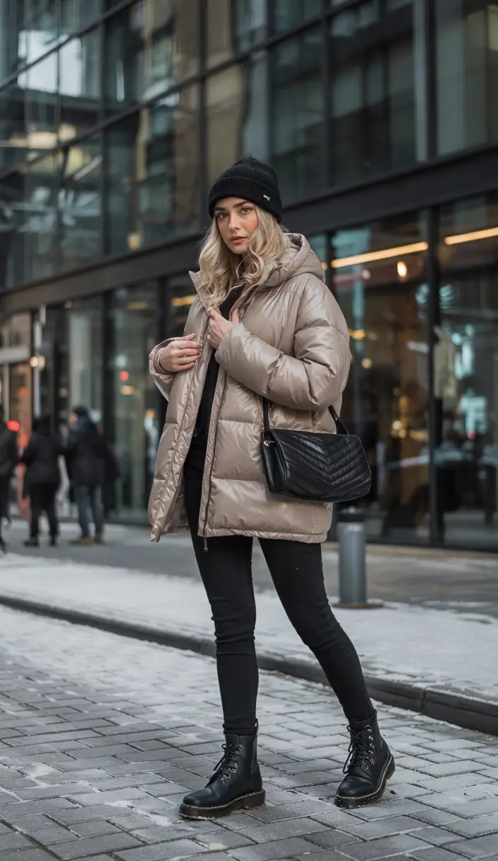 early winter outfits night Cozy Puffer with Street-Ready Vibes