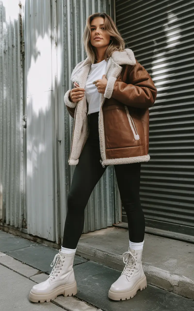 early winter outfits japan Shearling Jacket and Chunky Boots