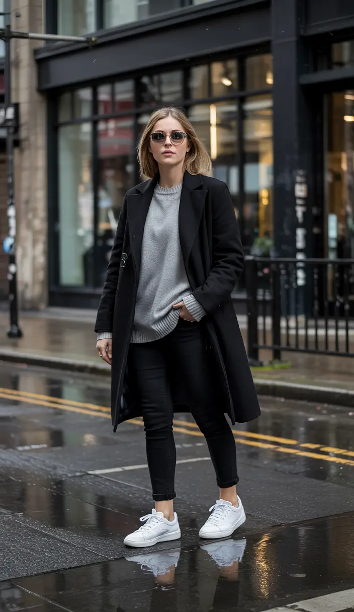 early winter outfits office Rainy Day Monochrome