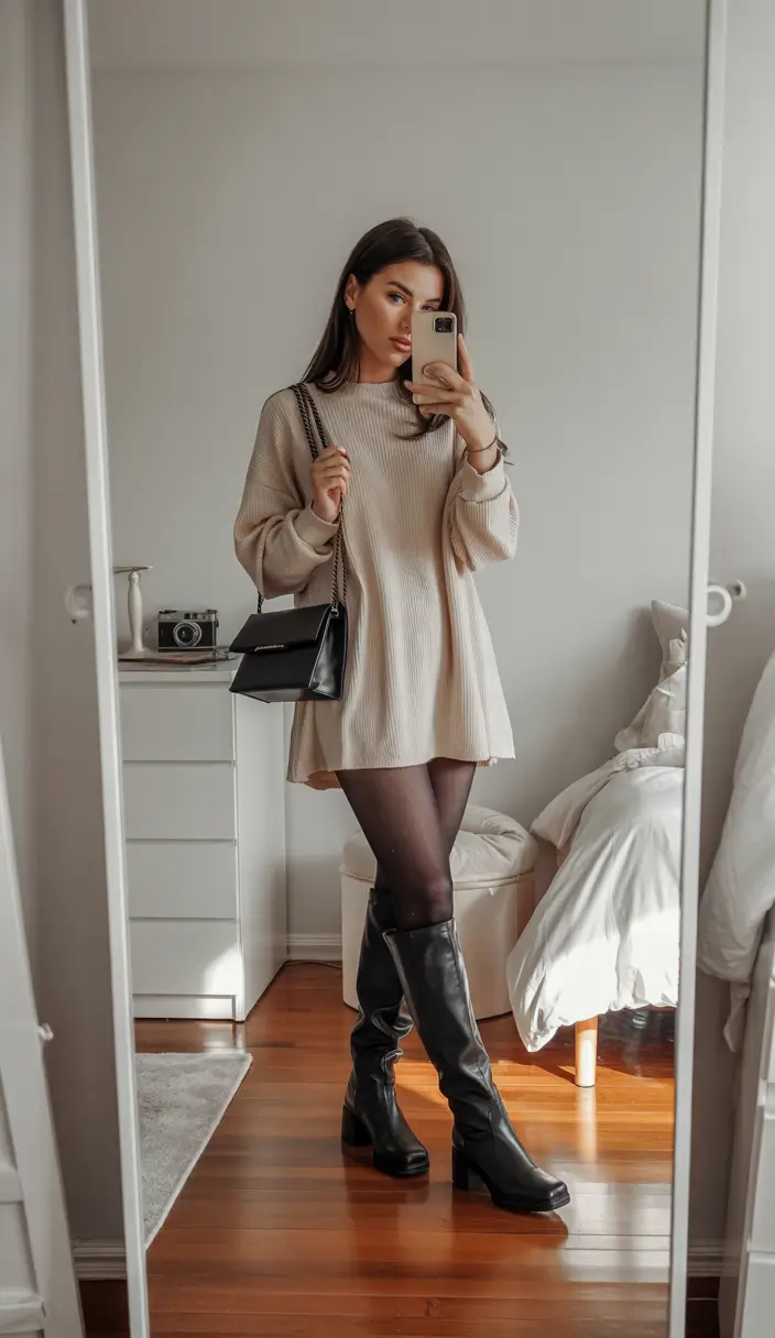 early winter outfits 2025 Sweater Dress and Boots Charm