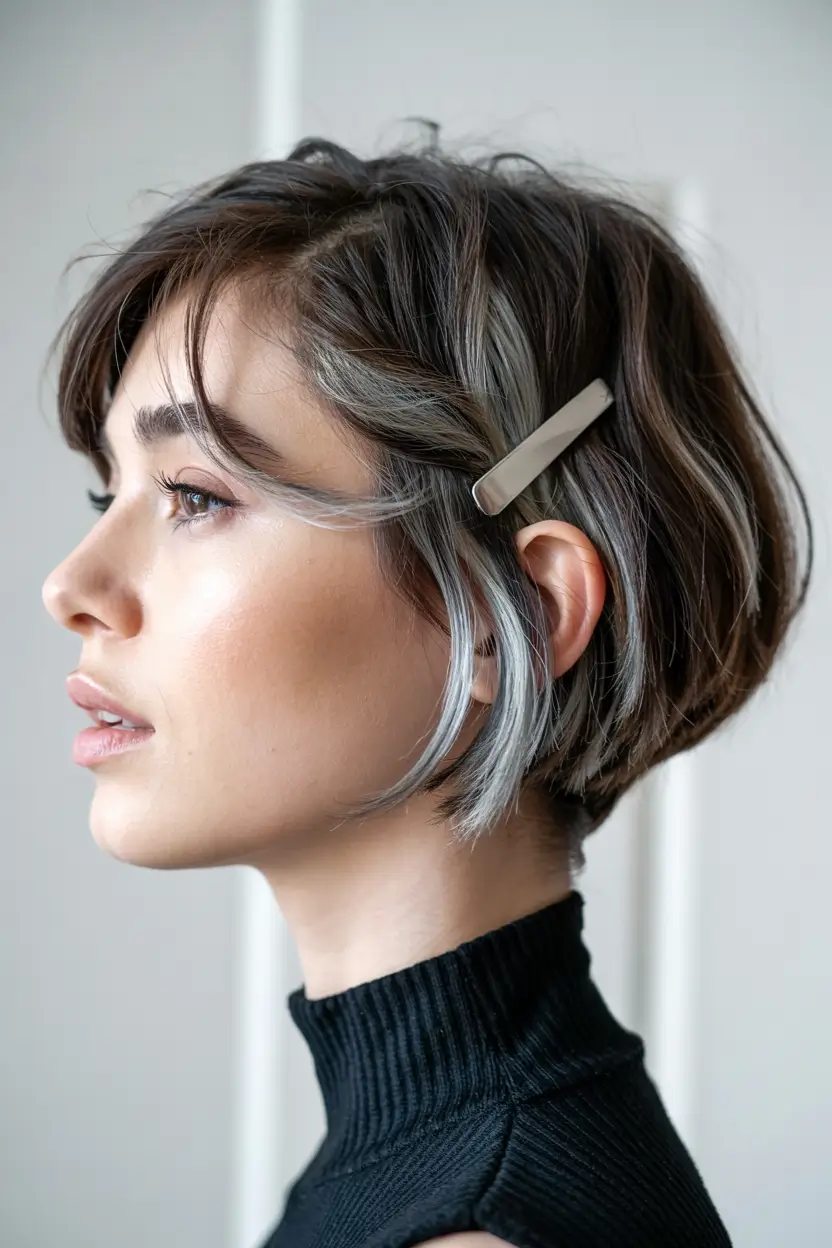 fall short hairstyle ideas Minimalist Bob With Metallic Clip