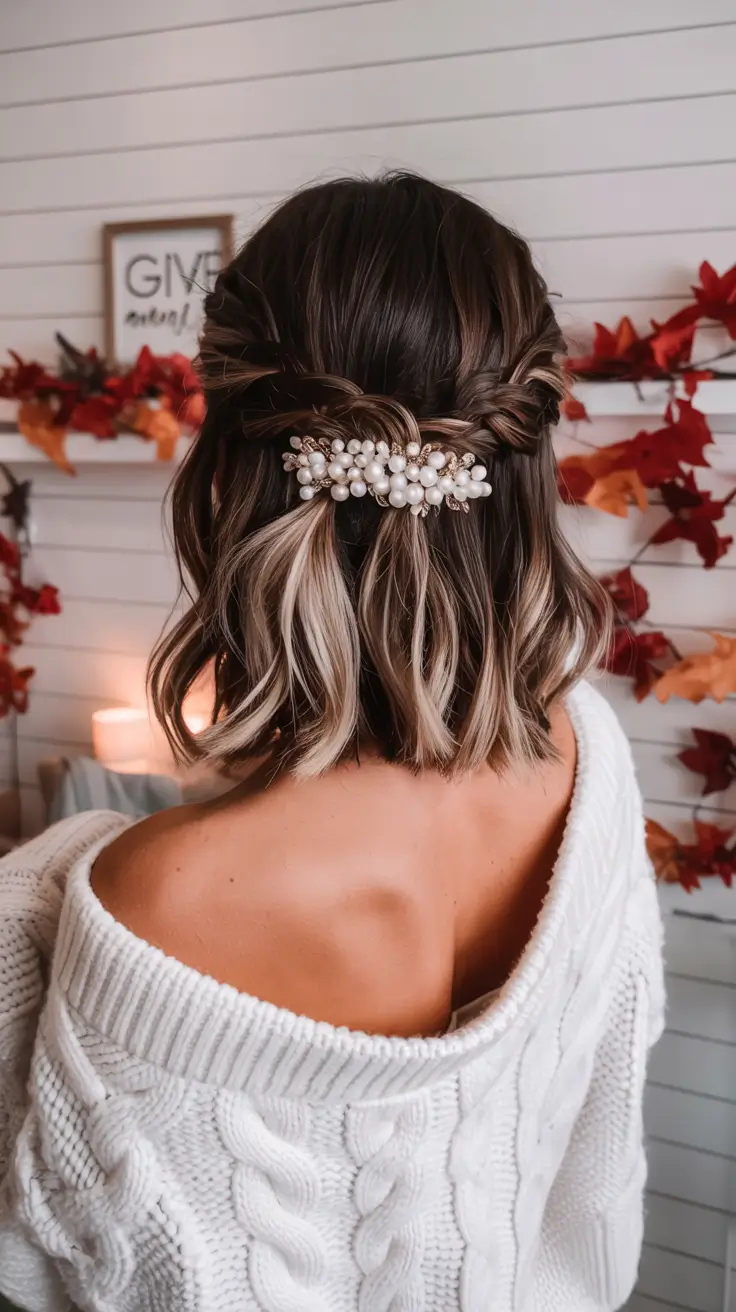 fall short hairstyle ideas Half-Up Bob With Pearl Accessory
