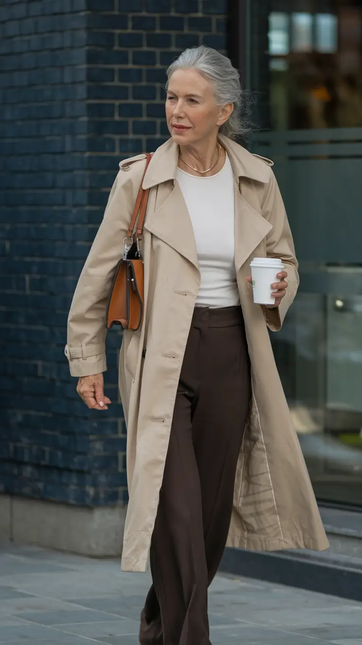 fall outfits for women over 50 classy Classic Trench with Dark Trousers