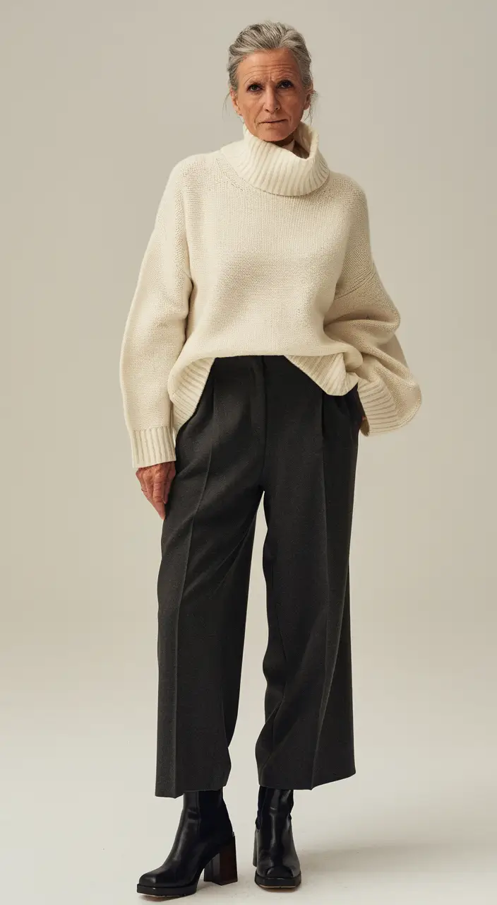fall outfits for women over 50 2025 Cream Knit & Cropped Trousers