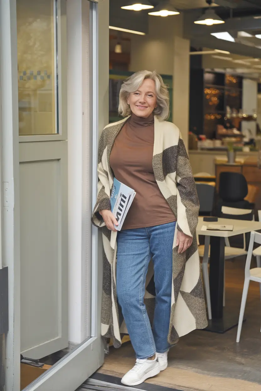 fall outfits for women over 50 casual 2025 Striped Cardigan & Denim Ease