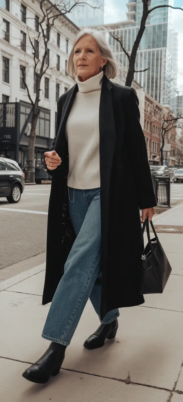 fall outfits for women over 50 Classic Black Coat & Denim Confidence