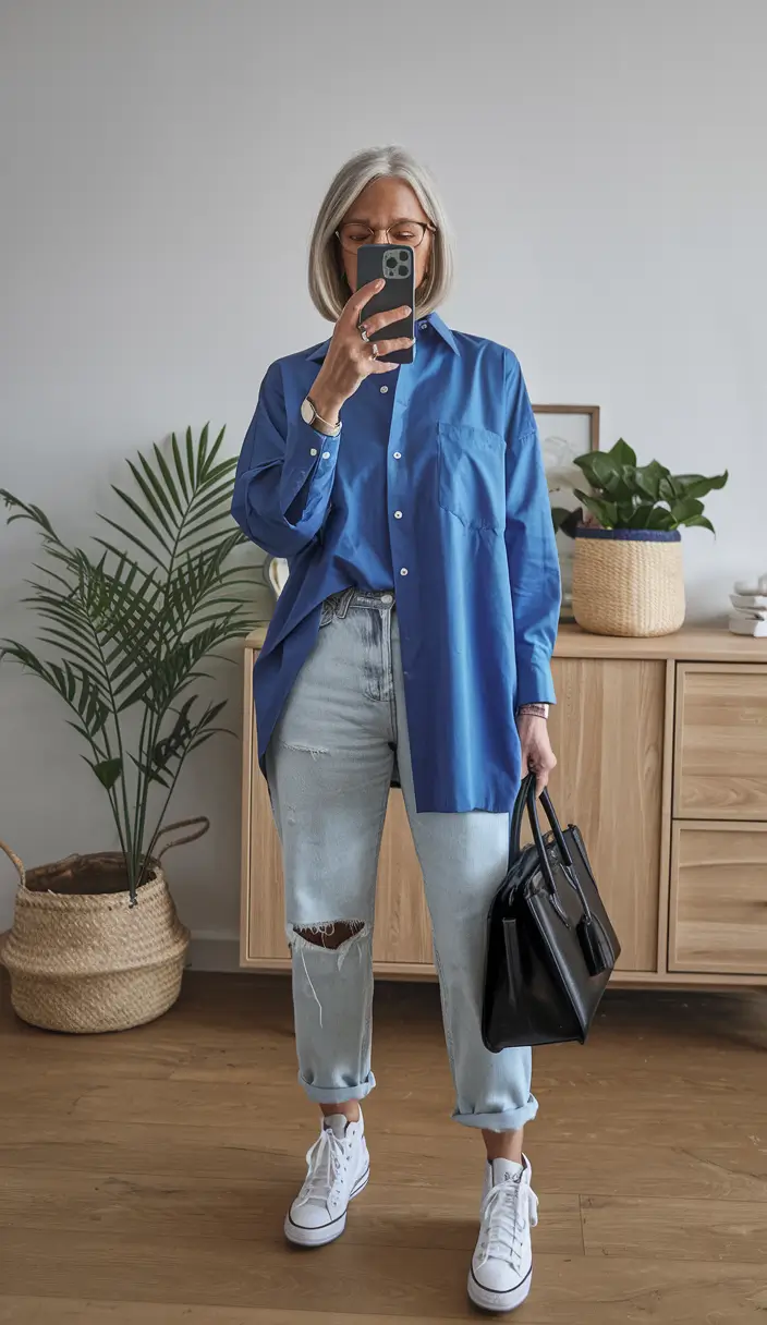 casual fall outfits for women over 50 Effortless Blue Shirt & Relaxed Denim