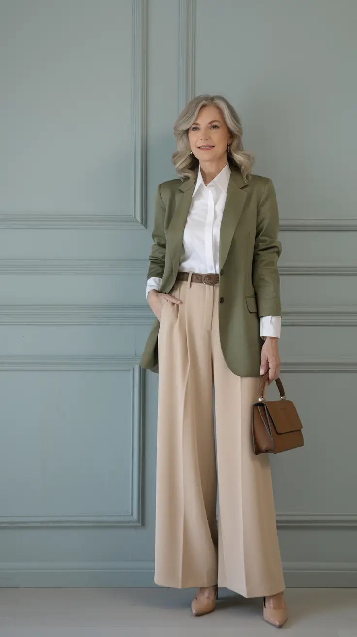 fall outfits for women over 50 classy Olive Blazer & Neutrals