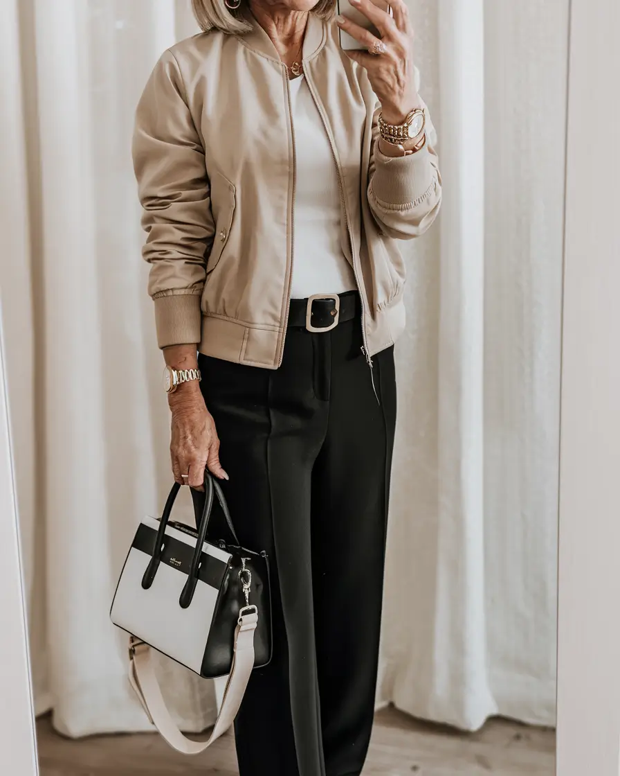fall outfits for women over 50 Bomber Jacket & Black Trousers Cool