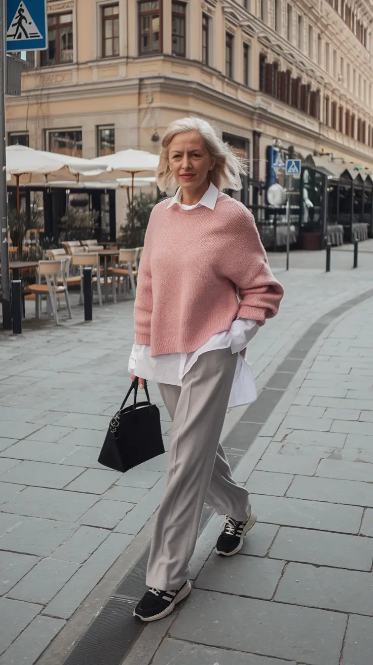 fall outfits for women over 50 Soft Pink Layers with Relaxed Trousers