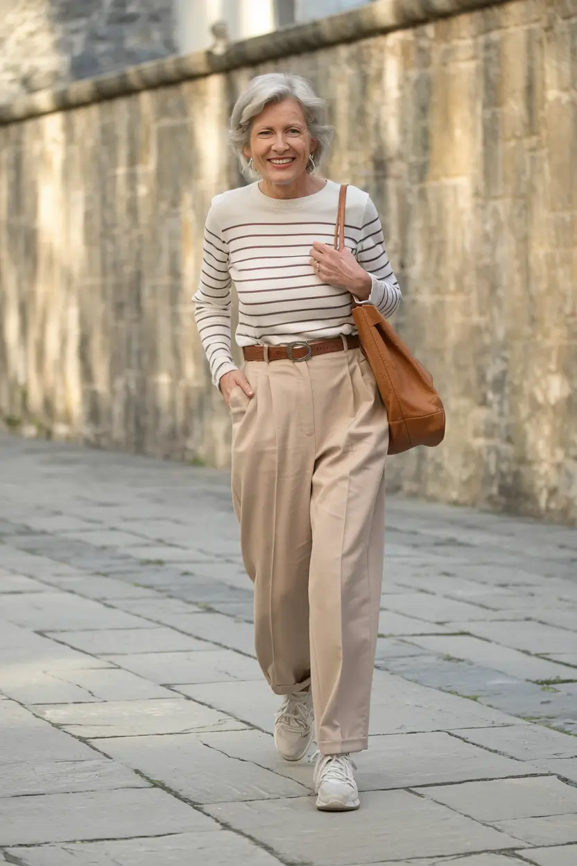 fall outfits for women over 50 Striped Top with Relaxed Neutrals