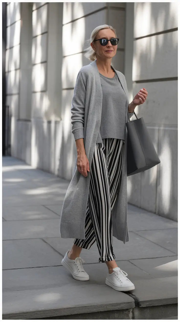 stylish trending comfortable casual Striped Pants & Longline Cardigan