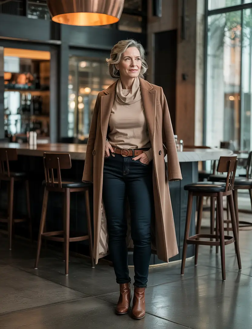 classy fall outfits for women over 50 Camel Coat with Slim Denim
