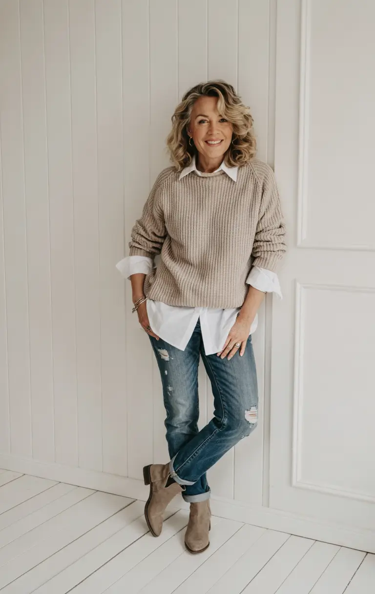 casual fall outfits for women over 50 Knit Sweater with Relaxed Denim