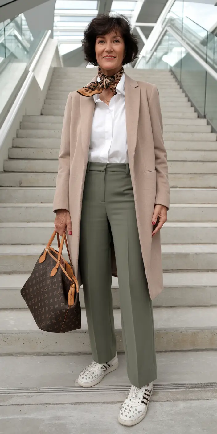 fall outfits for women over 50 casual Neutral Coat with Green Trousers