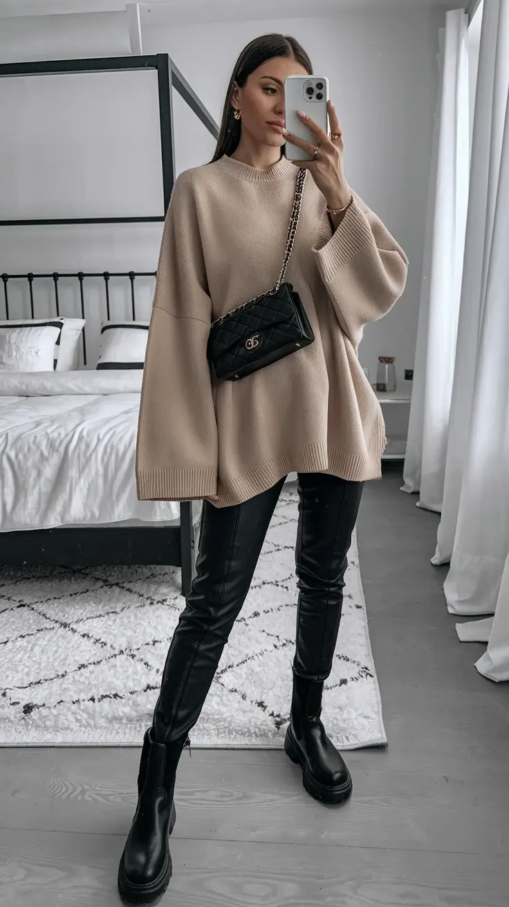 everyday fall outfits 2025 Oversized Sweater Meets Sleek Leather