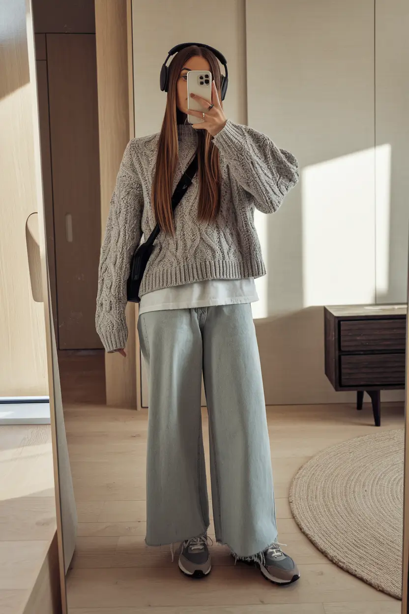 everyday fall outfits 2025 Chunky Knit and Wide-Leg Denim Ease